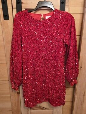 Red Sequin Long Sleeve Party Dress Long Shirt Tunic Woth Velvet